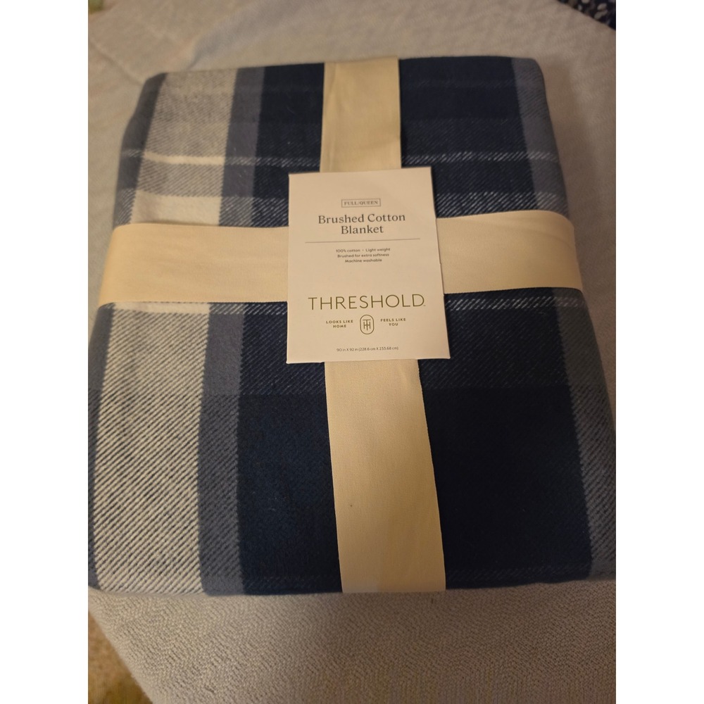 Threshold Brushed Cotton Blanket Full Queen Navy Blue Gray Plaid 90x92 NEW
